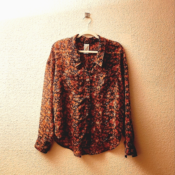 Free People, Floral Autumn Collared Blouse, Size M, Slightly Sheer - Picture 3 of 8